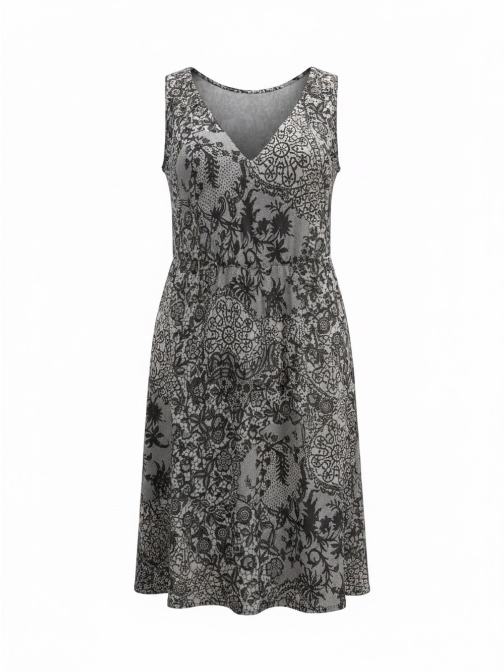 Sleeveless V-Neck Black & Gray Printed Boho Midi Dress